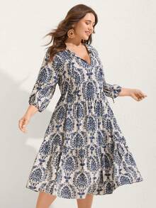 Plus Size Allover Retro Print Tie Neck Puff Sleeve Dress, All-Over Retro Print Woven Fabric With Ruffle Hem, Vacation Style, Spring/Summer - Navy Blue - View 1