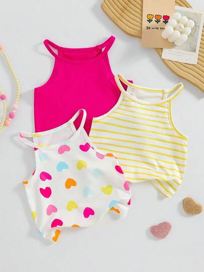 女孩时尚吊带背心套装，爱心条纹彩色元素，适合海滩度假、夏季户外家庭活动