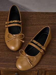 女士时尚圆头套脚鞋，卡其色玛丽珍芭蕾舞鞋，适合通勤、办公、派对、约会、婚礼、新年等场合，休闲百搭平底鞋，铆钉双带设计 - 卡其色 - 查看 2