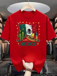 Mexican Flag Alongside Cactus, Sombrero, Chili Pepper, Bottle, And Stars Symbolizing The Vibrant Culture And Warmth Of The Country. Men's T-Shirt, 100% Cotton, 220g - 紅色 - 查看 1