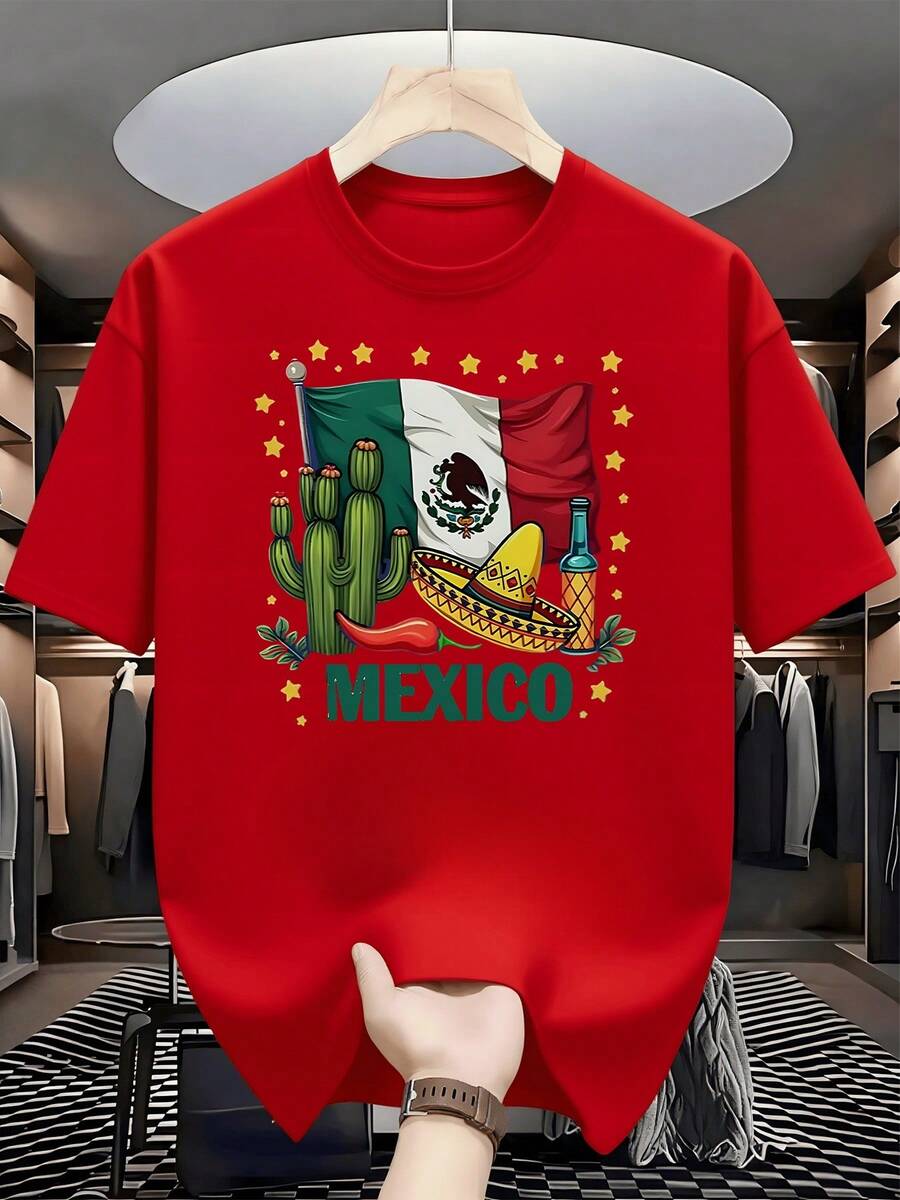 Mexican Flag Alongside Cactus, Sombrero, Chili Pepper, Bottle, And Stars Symbolizing The Vibrant Culture And Warmth Of The Country. Men's T-Shirt, 100% Cotton, 220g - 紅色 - 查看 1