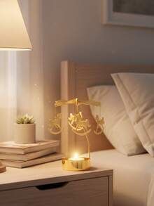 1pc Rotating Carousel Golden Hot Wax Rotating Candle Holder Decor, Windmill Print, Creative Halloween Christmas Gift, Rotating Candle Holder Set, Suitable For Romantic Wedding, Christmas Party, Home Dining Table Decor, Holiday Gift (Style Random)