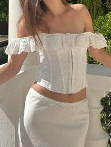 Women's Lace Up Cami Corset Tops Y2K Off Shoulder Eyelet Ruffle Crop Top Backless Overbust Corset Bustier Summer Going Out Bodyshaper Bustier Top - 白色 - 查看 2