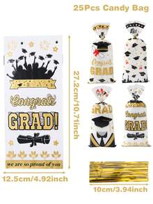 25/50/100 piezas Bolsas de regalo de graduación, con cuerdas doradas, bolsas de plástico transparente desechables para dulces, adecuadas para regalos de celebración de graduación, recuerdos de fiesta de graduación - Temporada de graduación mixta - Ver 13