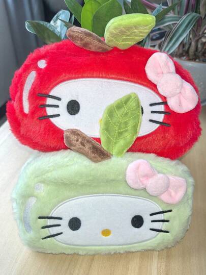  1 pieza Estuche de lápices de peluche de Kitty Cat de manzana de dibujos animados de Sanrio, bolsa de papelería grande, organizador de cosméticos portátil de alta calidad, decoración de sala de maquillaje, bolsa de maquillaje, artículo de viaje esencial