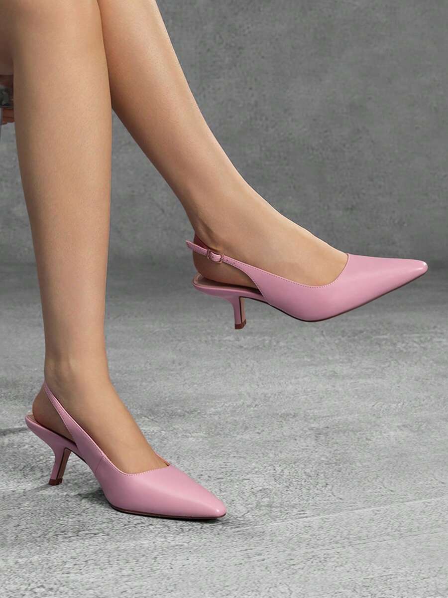 Athlefit Low Kitten Heel Pumps Pointed Toe Slingback Dress Shoes Women Wedding Office Work Closed Toe - 粉色 - 查看 1