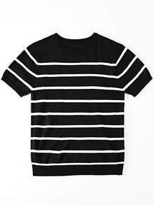 Tween Boys Casual Striped Crew Neck Short Sleeve Knit T-Shirt, Summer Top - Black - View 3