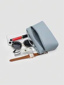 1 pieza Bolso de hombro cuadrado de unicolor con textura de grano de litchi en PU, pequeño bolso de mano para mujer, adecuado para combinar con diaria, salidas, compras, fiestas, bol - Celeste - Ver 8