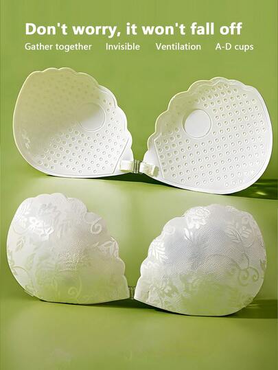 1pc Skin-Colored Lace Invisible Push-Up Sticky Bra, Randomly Comes With Clear Straps