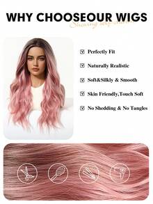 26 Inch Long Wavy Synthetic Wig, Ombre Pink To Dark Brown Roots, Middle Part, Heat Resistant, Suitable For Party, Halloween, Daily Wear, Halloween & Christmas Gift, Gift For Girlfriend, Summer & Festival Care, Natural Sexy Casual Sports Style, College Style Cosplay Heat Resistant Wig, Suitable For Festivals, Parties, Daily Wear - 漸層粉紅色 - 查看 6