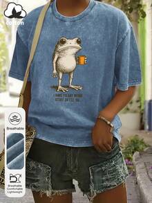 大码女装夏季“我必须说点怪话，否则我会死！”图案印花圆领短袖简约休闲日常水洗T恤上衣；青蛙喝咖啡图案印花；送给古灵精怪的朋友的礼物；2026夏季女装图案印花；可爱圆眼青蛙图案印花夏季家庭聚会。 - 藍色 - 查看 4