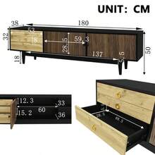 TV Cabinet, Lowboard With Door Panels Featuring A Water Wave Pattern And Three Drawers In A Wood And Black Color Scheme. - 自然色 - 查看 5