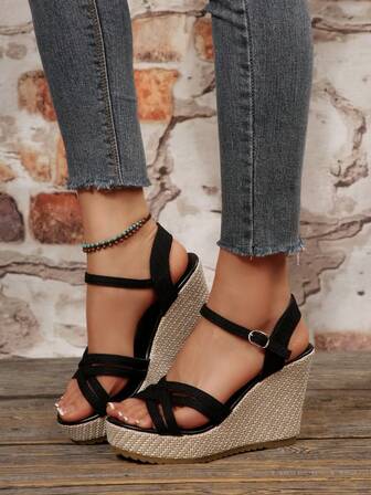 Women's Criss-Cross Strap One-Buckle Sandals, Jute Rope Bottom Wedge Sandals, Platform Wedge Heel Open Toe Versatile Sandals