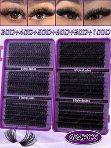 720/684/648/200pcs D-Curl Fluffy Thick False Eyelashes Set, Includes Beginner-Friendly Eyelash Tutorial, Thick & Full DIY Segmented False Eyelashes With Glue, Sealant, Tweezers And Brush, Enlarges Eyes, Lightweight & Reusable, Bulk Single Pair Eyelash Kit, Soft & Natural Mixed Lashes, Creates 5D Volumized Eye Makeup, Suitable For DIY At Home, Travel, Daily Commute, Parties, Weddings, Bridal - Purple - View 6