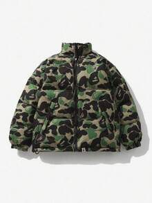 Men's Street Camouflage Ape Head Print Hooded Zipper Full Plate Pattern Thickened Warm Design Double-Sided Cotton Jacket - 綠色 - 查看 1