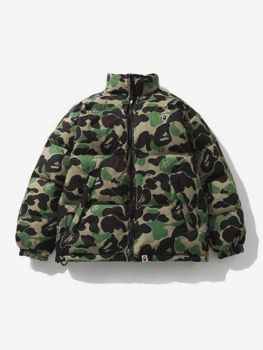 Men's Street Camouflage Ape Head Print Hooded Zipper Full Plate Pattern Thickened Warm Design Double-Sided Cotton Jacket - 綠色 - 查看 1