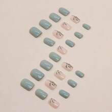 French Short Press On Nails For Women - 4 Box 96 Pcs Christmas Holiday Fake Nails Kit, Square Medium Length False Nails With Designs.Women Cute Pink Colos Nails,Valentine's Day Nails With Jelly Glue And Nail File, Multi Color Easy Wearing Nails For Daily, Work, Party - 薄荷綠349 - 查看 3