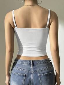 Ribbed Button Square Neck Cami With Bra - Slim Fit Women's Tank Top - White - View 5