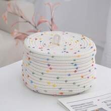 OYHOMO 1pc Woven Storage Basket With Lid Colorful Dots Decorative Basket Boho Desktop Tidy Basket For Office, Bedroom, Bathroom, White - Multicolor - View 12