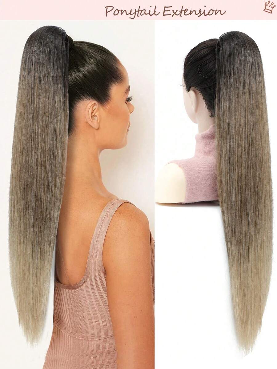Drawstring Long Straight Synthetic Hair Extension Ponytail, Natural Soft Clip-In Hair Piece - Ombre Light Brown To Blonde - Brown Ombre - View 1