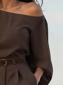 Autumn Outfit First Choice Asymmetrical Batwing Sleeve Asymmetrical Shoulder Top High-Waist Slimming Commuter Style Straight Leg Pants 2 Pieces Set - Coffee Brown - View 3