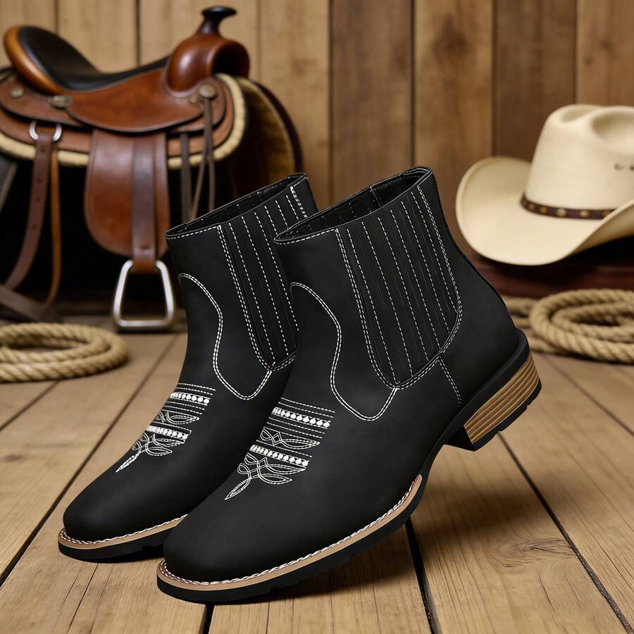 男士西部面料切尔西靴，方头和裸色面料靴，休闲复古时尚棕色靴子