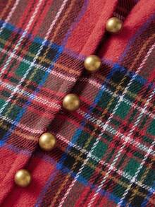 Vestido de verano para mujer, manga corta abullonada, cuello en V, estampado a cuadros, corte holgado, estilo línea A - Rojo - Ver 5