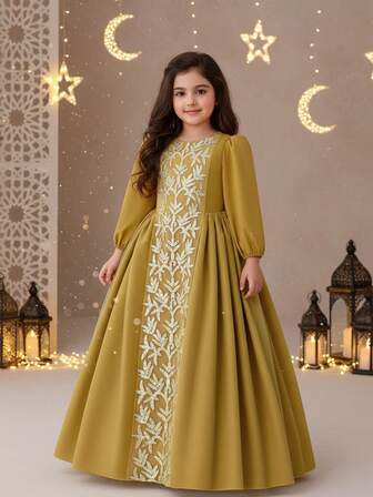 斋月女童长袖连衣裙，伊斯兰风格金色缎面刺绣蕾丝，端庄优雅
