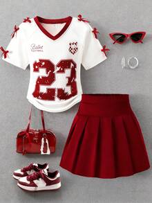 [Back To School 2-Piece Set] Tween Girls' Soccer Outfit, Big Kids' Sweet & Cool Sports Style, Colorblock Design, Summer, Collegiate Look Set: White V-Neck Colorblock Burgundy Numeric Print T-Shirt + 3D Bow Decor + "Ballet Football" Letter + Burgundy Pleated A-Line Mini Skirt, Comfortable Breathable Fabric For School, Sports, Casual Outings - Burgundy - View 1