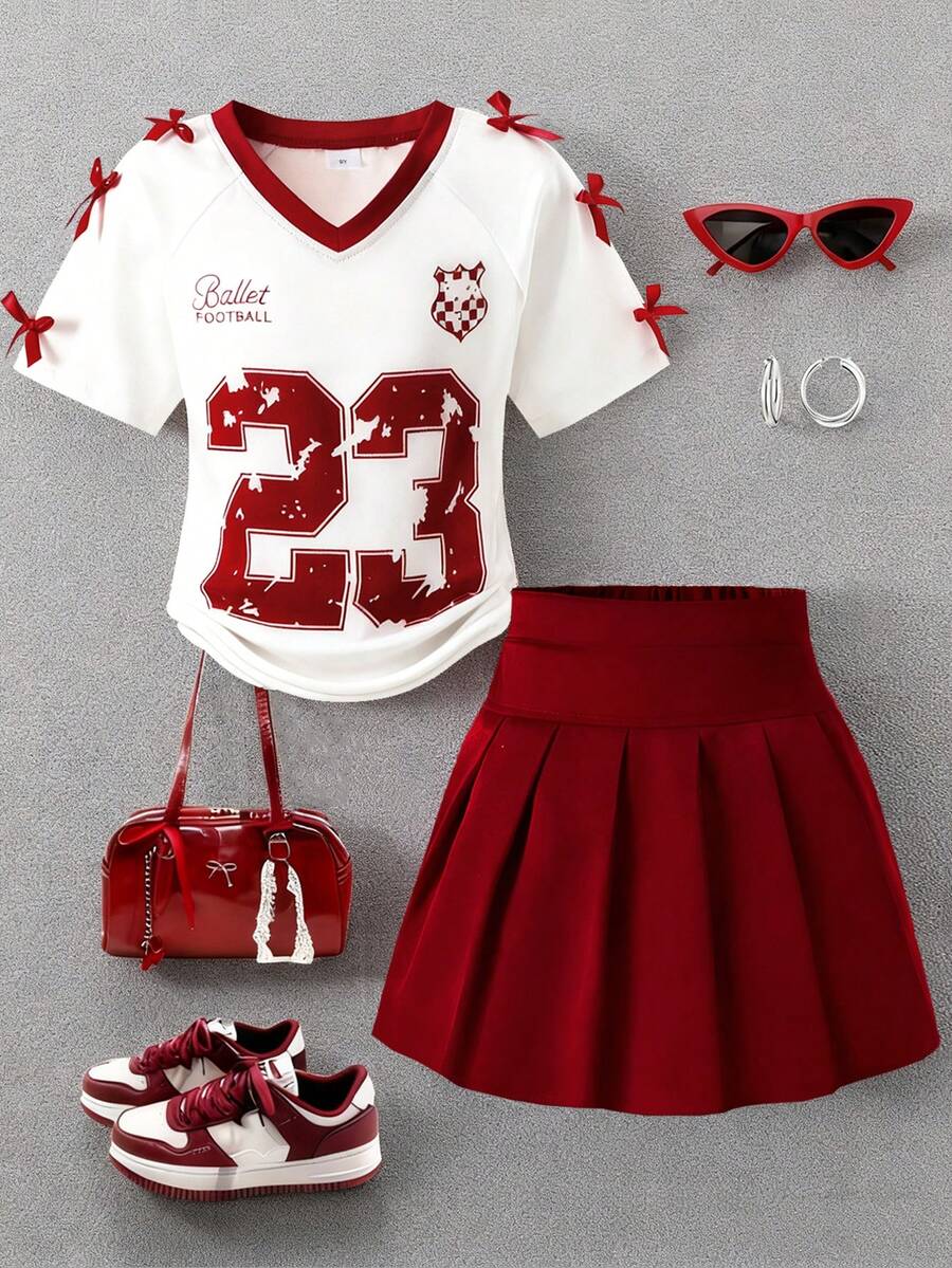 [Back To School 2-Piece Set] Tween Girls' Soccer Outfit, Big Kids' Sweet & Cool Sports Style, Colorblock Design, Summer, Collegiate Look Set: White V-Neck Colorblock Burgundy Numeric Print T-Shirt + 3D Bow Decor + "Ballet Football" Letter + Burgundy Pleated A-Line Mini Skirt, Comfortable Breathable Fabric For School, Sports, Casual Outings - Burgundy - View 1