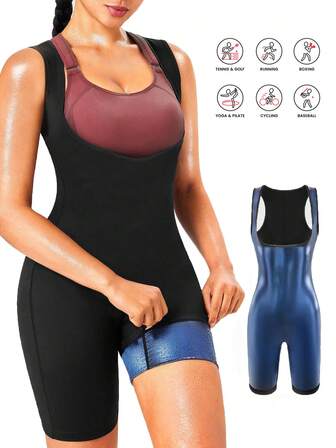 1 st damer enfärgad helkroppsbastuväst sportjumpsuit hög midja rumplyftande sexiga fitness tajta byxor smala midjeträningsväst shorts set, rumplyftande bastuformande shorts, kvinnor viktminskning smal passform sportshorts yoga fitness tajta byxor bukkontroll, bukfett träningsväst tröja set