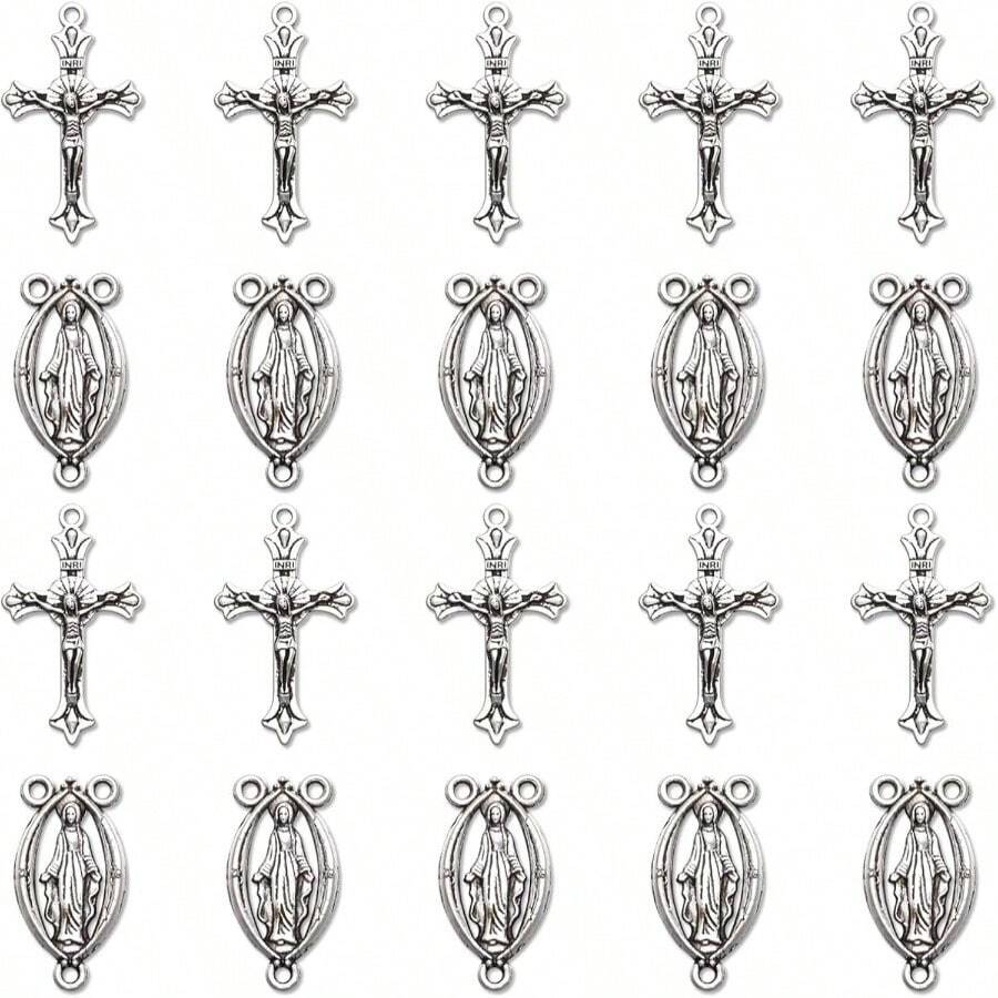 - Juego de 30 unidades/15 juegos de rosario de aleacin para cruz y centro de medalla, colgante ovalado catlico Jess Mara, para suministros de fabricacin de joyas, Zinc, No una piedra - inicial - Ver 1