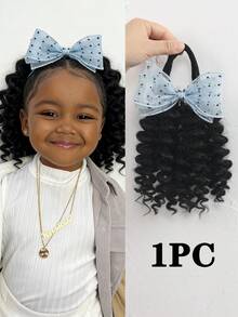 1pc Deep Wave Ponytail With Yarn Bow Clip Go Afro Kinky Marley With Elastic For Girls Kids - Natural Black - View 12