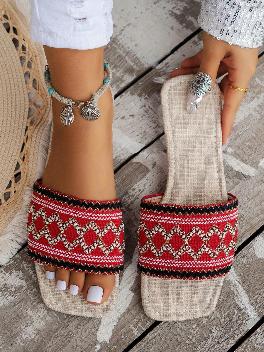 WRCVS Fuchsia Women's Slippers, Embroidered Sandals, Woven Flat Slippers, Slippers, Random Floral Pattern Boho Vacation Party Outdoor Sandals
