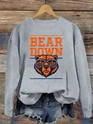 ClothesChristmas Fit Women Plus Size, Chicago Bear Head Print Sweatshirt, Round Neck Casual Sweatshirt, Suitable For Autumn And Winter, Plus Size Women's Loose And Comfortable Thanksgiving Fit WomenLoose And Comfortablewinter Clothes For Women