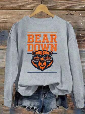 Christmas Outfit Women Plus Size, Chicago Bear Head Print Sweatshirt, Round Neck Casual Sweatshirt, Suitable For Autumn And Winter, Plus Size Women's Loose And Comfortable Thanksgiving Outfit Womenwinter Clothes For Women