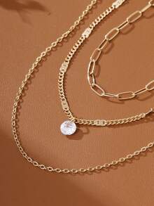 3pcs Layered Necklace Set, Minimalist Style Classic Geometric Paperclip & Flattened Cubic Zirconia Pendant, Suitable For Women Vacation Wear - Yellow Gold - View 3