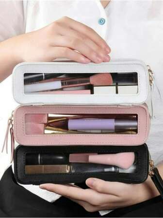 1pc Dual Zipper Cosmetic Storage Box - Lightweight Travel Makeup Bag, Elegant White & Gold Design, Spacious Interior To Hold Makeup Brushes, Lipsticks, Bottles - Ideal For Women, Makeup Artists, Travel Or Home Use - Easy To Clean Cosmetic Organizer, Simple Design, Synthetic Material Shell, Beauty Essential, Fashionable Exterior, Durable, Perfect Choice For Beauty Lovers