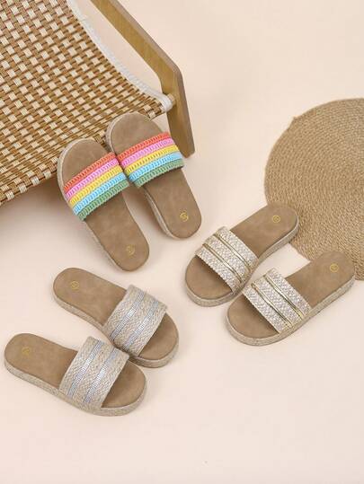 1双夏季儿童时尚拖鞋，厚底凉鞋，编织草编拖鞋，复古简约高跟一脚蹬拖鞋，适合大童男孩女孩，日常穿着及户外活动