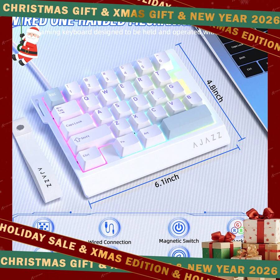 ATTACK SHARK Bàn phím chơi game RGB một tay có dây A.JAZZ AK029, bố cục 29 phím với công tắc từ tính, tốc độ phản hồi 8kHz, bàn phím cơ tùy chỉnh HotSwap, điều chỉnh lực nhấn, bàn phím đệm cấp độ thể thao điện tử dành cho game thủ, quà tặng Giáng sinh / Quà tặng Giáng sinh / Năm mới 2026 / Ngày lễ / Phiên bản Giáng sinh / Quà tặng cho gia đình / Cuối năm - Nhiều màu - Xem 1