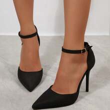 Women's Elegant Pointed Toe Stiletto Heels – Ankle Strap & Cutout Side Dress Pumps For Wedding, Party, Office & Daily Wear - 黑色 - 查看 4