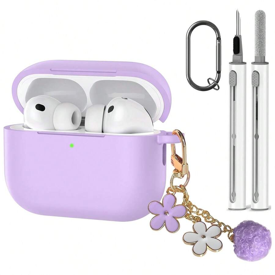 一套苹果保护套,硅胶纯色一体式耳机套,带花朵挂链、登山扣和清洁刷,适合作为礼物 - 紫色 - 查看 1