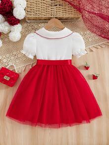 女童时尚撞色拼接连衣裙，清新草莓刺绣泡泡袖设计，配腰带，适合派对、户外休闲，尽显公主风夏季魅力 - 紅白色 - 查看 4