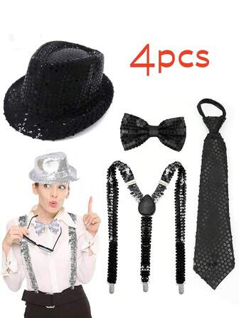 4 st. paljetthatt från 1970-talets discoframträdande, westernhatt med paljettfilt, glänsande paljetthatt, slips, fluga, strumpebandshållare, unisex accessoarset, basebollkeps, festaccessoarset för män, vinterhuvud