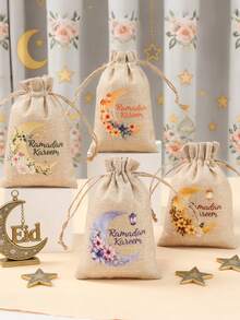 6Pcs Ramadan Kareem Linen Gift Bag,Eid Drawstring Bag With Moon Star Floral Design,Gift Wrapping Bag,Gift Packaging Bag,Storage Bag,Islamic Muslim Party Favor Bag,EID Mubarak Decorations,Eid Al Adha Gift,Ramadan Mubarak Party Supplies,Ramadan Kareem Decorations,Ramadan Decorations For Home,Organization And Storage - Multicolor - View 3