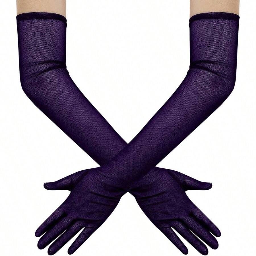 Women's Long Stretchy Mesh Tulle Sheer Gloves Costume Wedding Opera Halloween Party 1920's Dance Gloves - 紫色 - 查看 1
