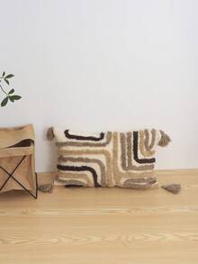 1pc Geometric Line Pattern Cushion Cover, Bohemian Plush All-Over Embroidered Tassel Decorative Pillow Sham For Living Room, Bedroom, Sofa, Bedroom, Home Decor, Outdoor Patio, Garden, Holiday Party, Car, Seasonal Use, Without Insert, 30*50cm, 45*45cm - Multicolor - View 3