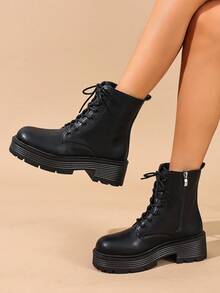 Giày bốt cổ ngắn màu đen, đế dày, kiểu dáng punk, buộc dây, phong cách công sở, dành cho nữ. - màu đen - Xem 2