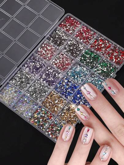 24格彩色迷你美甲水钻，约7400颗各式平底美甲水钻，美甲配件，组件，美甲装饰品，用于美甲设计装饰，适合美甲沙龙使用