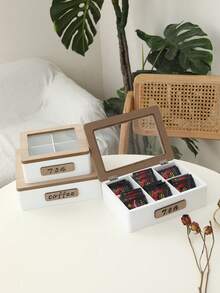 1pc White Minimalist Wooden Tea Box With 4/6/9 Compartments Glass Window, Tea Bag & Coffee Pouch Storage Box, Tea Room Organizer - Multicolor - View 1